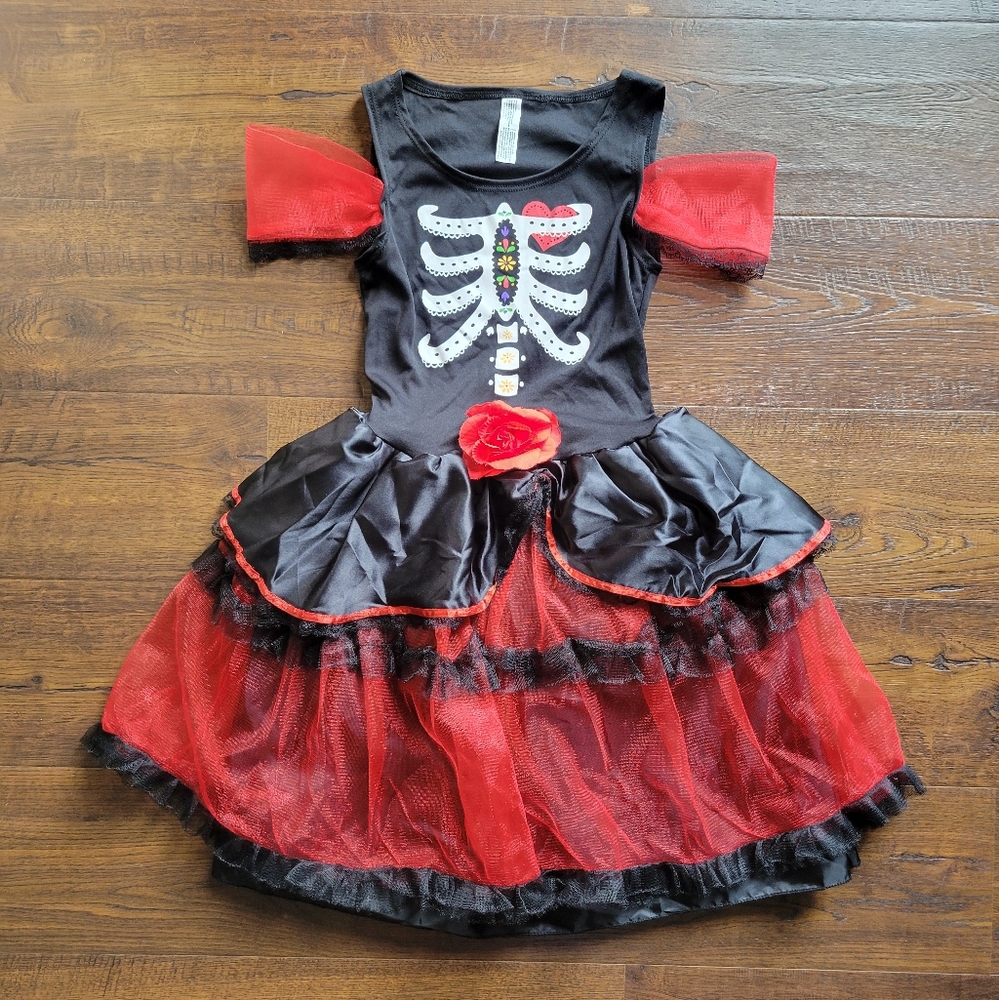 Kids Skeleton Costume with Red and Black Tulle Skirt
